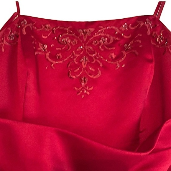 Davids Bridal Spaghetti Strap A Line Gown Red Satin Embroidery & Sequins Size 8 - Picture 2 of 10